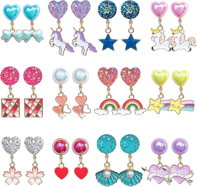 12 Pairs Clip On Earrings Girl Party Favor Princess Clip on Earrings Pretend Play Unicorn Earrings for Little Girl Kids Toddlers Jewelry Set