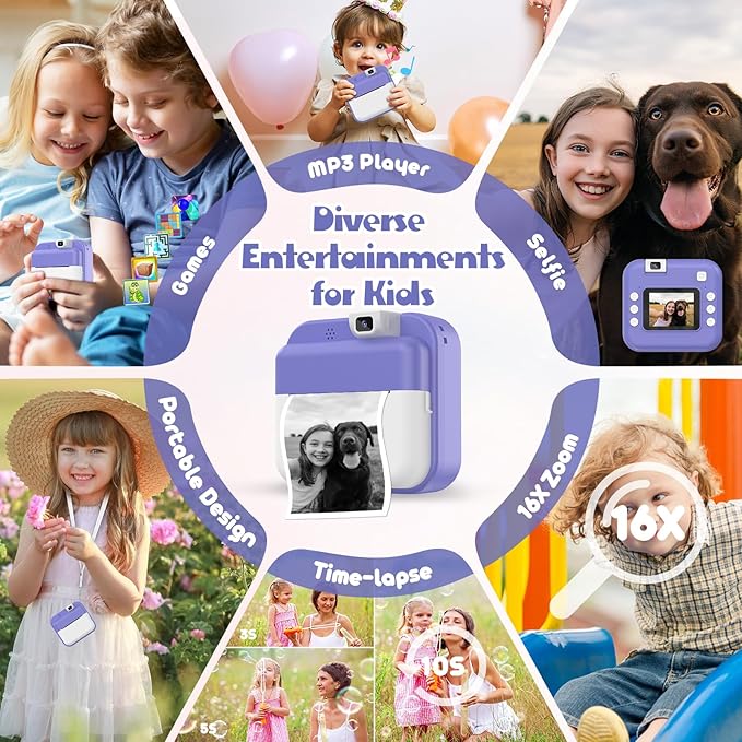 Kids Camera Instant Print with Flip Lens, Digital Camera Print Photos for Toddler Toys, HD Camcord 1080P Video, Portable Travel Toys Birthday Gift for 4 5 6 7 8 9 10 Years Girls Boys Purple