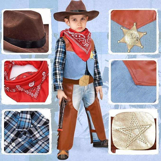 Kids Cowboy Costume for Boys Halloween Dress up Leather Western Outfit with Accessories for Role Play Party