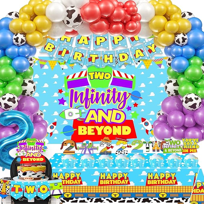 Two 2 Infinity & Beyond Birthday Decorations Cartoon Story Party Supplies 2nd Birthday include Backdrop Banner Cake Cupcake Toppers highchair Two Banner Balloons Arch Kits Tablecloth
