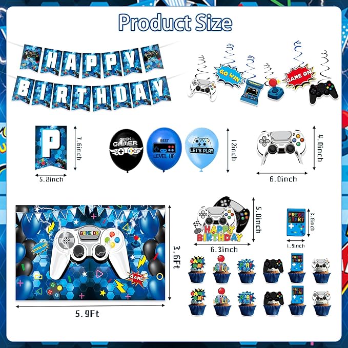 45Pcs Gamer Birthday Party Decorations - Gaming Party Supplies with Backdrop, Banner, Tablecloth, Balloons, Swirls & Cake Toppers for Video Game Theme, Blue