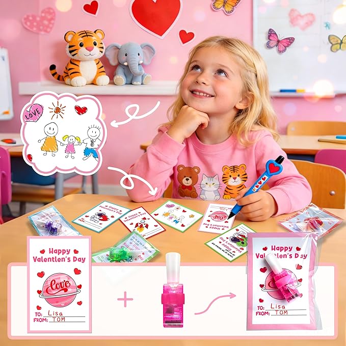 24 Pack Valentines Day Gift for Kids, Valentine Party Favors, Space LED Finger Lights with Cards, Glow in the Dark Toys, Classroom Exchange Prize, Goodie Bag Stuffers