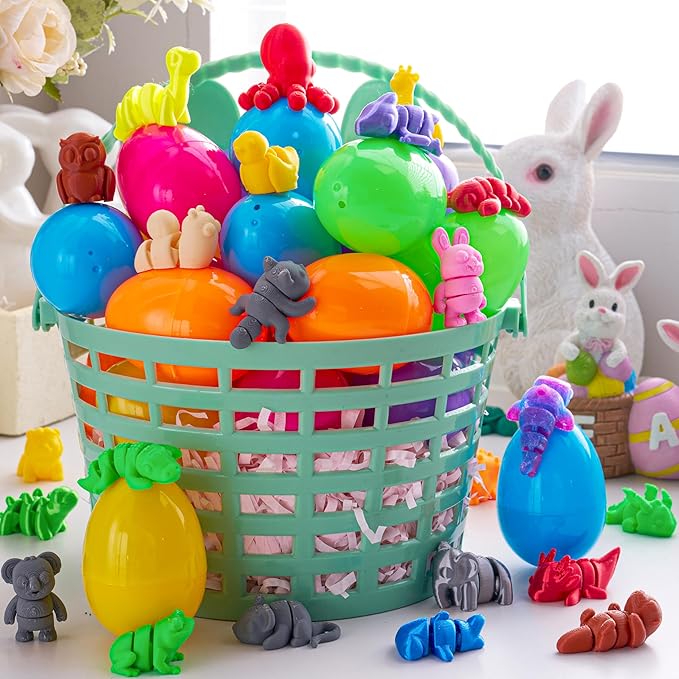 JOYIN 24 Pcs Prefilled Easter Eggs with 3D printed Mini Animals, 3D Articulated Toys for Party Favors, Basket Stuffers, Goodie Bag Fillers, Classroom Prize Supplies, Party Games for Boys & Girls
