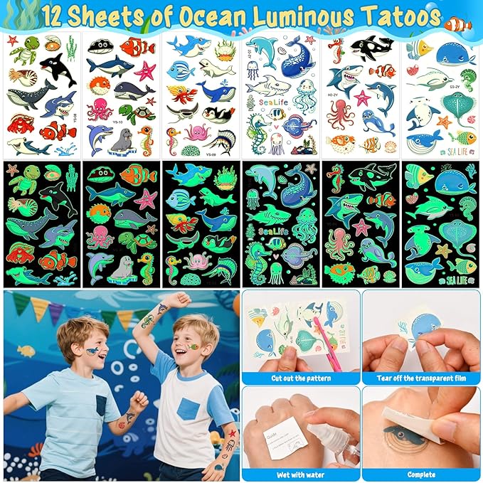 Winrayk 12 Sets Under the Sea Party Favors Birthday Supplies for Kids, Sea Animal Drawstring Bags Silicone Wristbands Luminous Stickers Keychain, Goodie Bag Stuffers Ocean Themed Party Favors Supplies