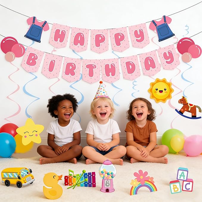 Cute Birthday Party Decorations with Cartoon Hanging Swirls for Kindergarten School 1st 2nd Girl Boy Birthday Party Decor Supplies
