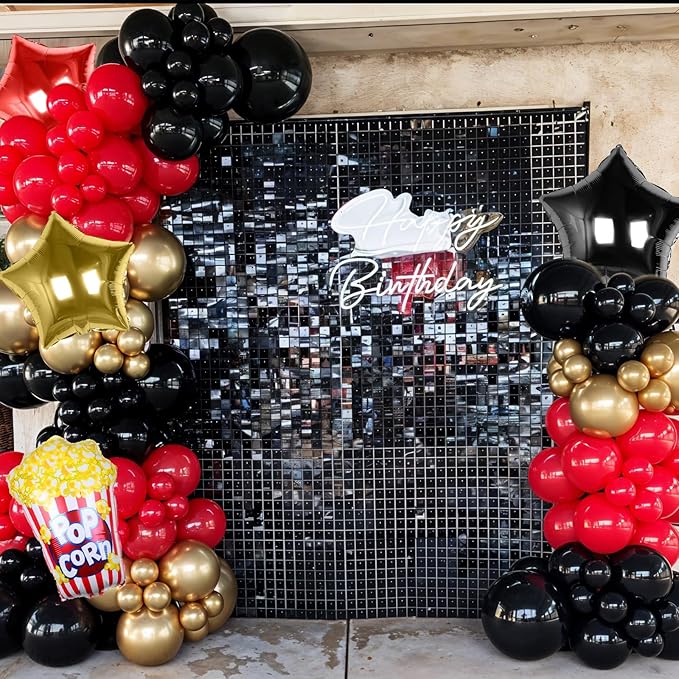 Movie Night Balloon Garland Arch Kit, Red Black Metallic Gold Confetti Balloons with Star Foil Popcorn Balloons for Birthdays Movie Theme Film Party Anniversaries Decorations