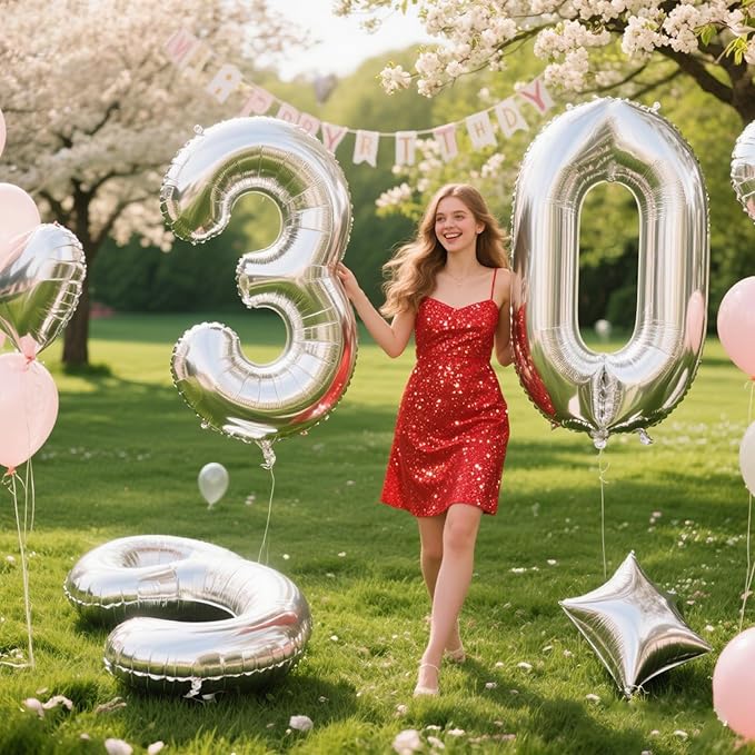 40 Inch Silver Number 30 Digital Balloon,Jumbo Mylar Foil Helium Balloon for 30 Balloons for Birthday Party,Wedding Anniversary Party Decorations