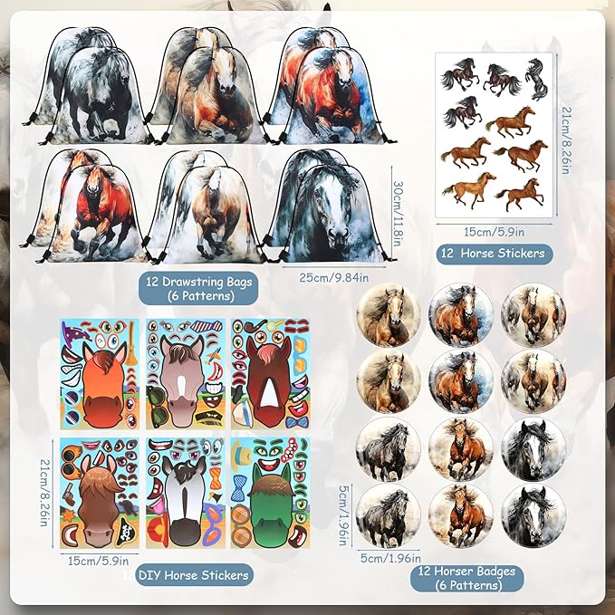 114 Pcs Horse Themed Party Favor Supplies with Drawstring Bag Mini Figurines Keychain Silicone Bracelets Badges Puzzle Stickers Notepads Soft Pencils for Horses Birthday Party Decoration