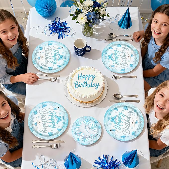 96Pcs Ice Skating Birthday Party Decorations Blue Ice Skating Snowflake Plates and Napkins Sets Winter Wonderland Ice Skating Party Decorations for Girls Baby Shower Skate Theme Supplies Serves 24 ﻿