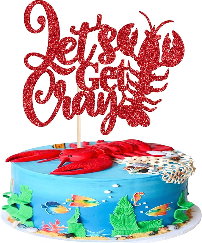 1 Pack Crawfish Happy Birthday Cake Topper Glitter Lobster Let's Get Cray Seaweed Theme Birthday Cake Pick for Baby Shower Ocean Party Cupcake Decoration Supplies