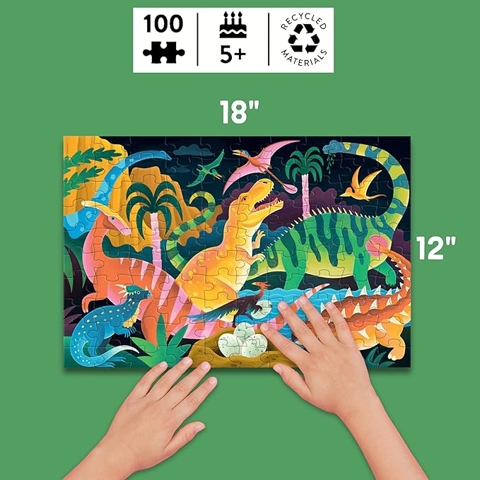 Mudpuppy Dinosaur Park – 100 Piece Glow in The Dark Jigsaw Puzzle with a Prehistoric Scene of Dinosaurs and Hidden Fossil Details in The Dark
