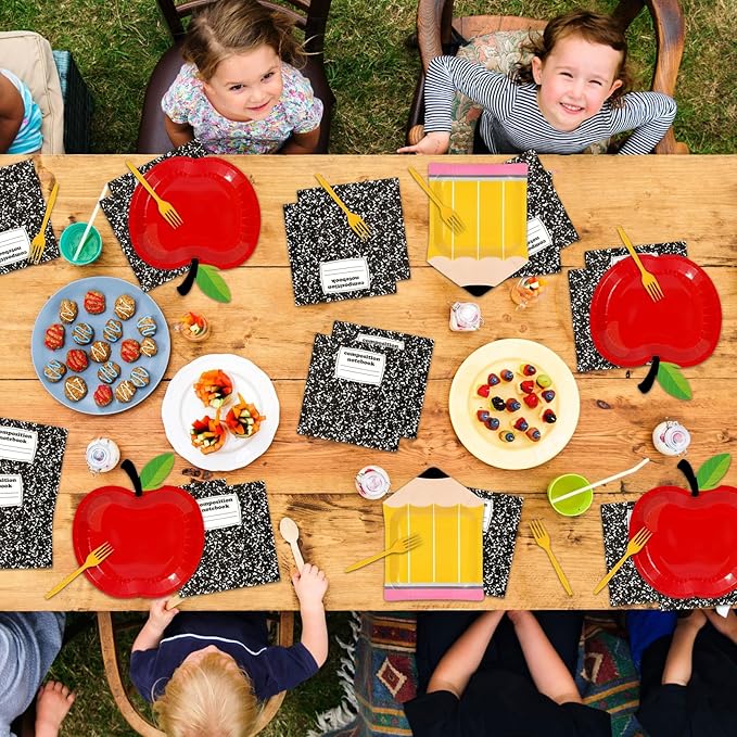 96 Pcs Back to School Tableware Set First Day of School Party Supplies Red Apple Pencil Paper Plates Composition Notebook Napkins Classroom Decoration for Kindergarten Preschool Teacher Party Serve 24