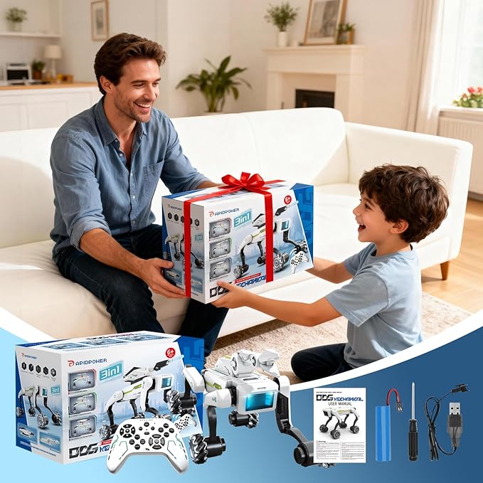 3 in 1 Robot Dog with Wheels Kit, 30+ Bionic Actions, Voice & Remote Control, Programmable Moves, All-Terrain Stunt Pet, Ideal Gift for Kids Aged 6+(Removable Claw & Cannon)