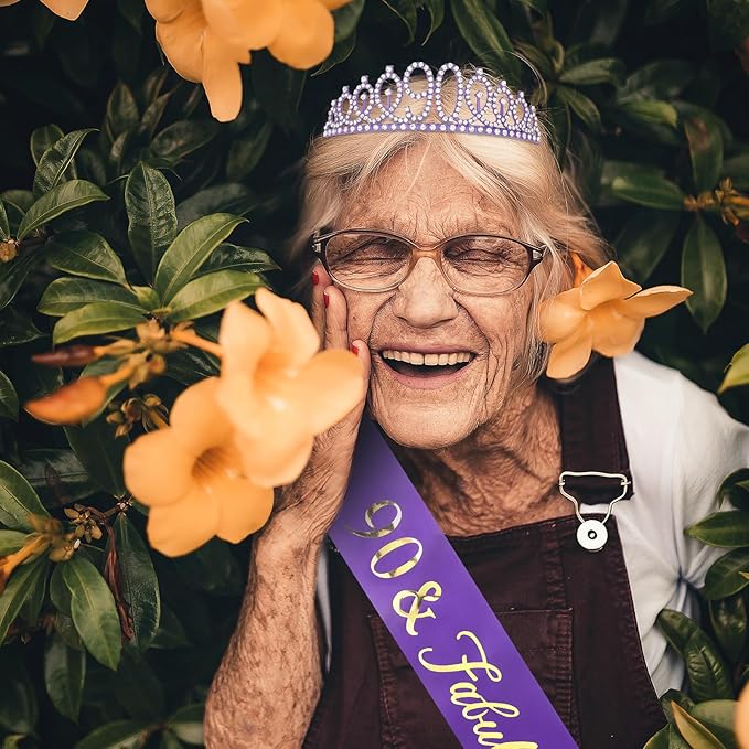 CIEHER Purple 90th Birthday Crown & Sash Set, '90 & Fabulous' Decorations for Women, One Size, Purple