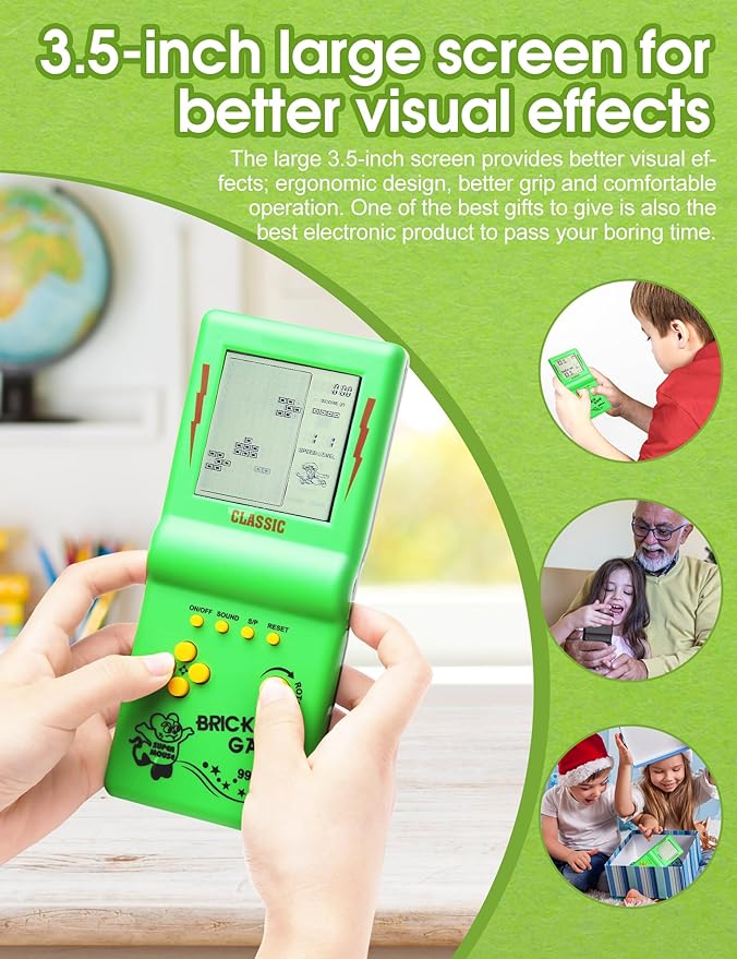 3.5-inch Large Screen Retro Brick Game Console for The 80s/90s Building Block Racing/Tank Game Built-in 23 Classic Games Nostalgic Puzzle Children's Console (Green)