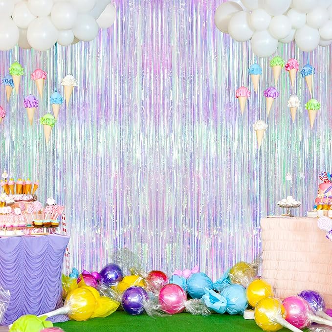 2 Pack Iridescent Party Backdrop Decorations,3.3x8.3ft Tinsel Curtain Birthday Decorations Foil Fringe Photo Booth Streamer Backdrop Iridescent Theme Xmas Bachelorette Graduation Party Decorations