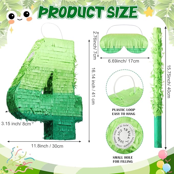 Number Piñata Decorations 16 Inch Gradient Green Piñata with Blindfold Stick and Confetti for Birthday Baby Shower Safari Jungle Themed Party Supplies Centerpiece