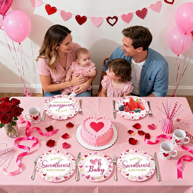 96Pcs Valentine's Day Baby Shower Party Supplies A Little Sweetheart is on The Way Party Plates and Napkins Disposable Watercolor Love Heart Tableware Set for Kids Baby Shower Decorations Serves 24