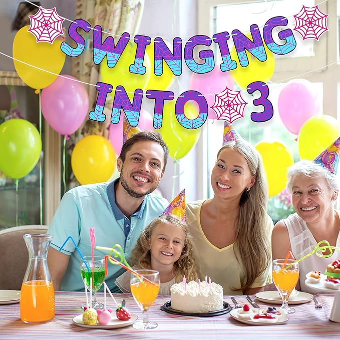 TaoBary Spider Theme 3rd Birthday Banner, Pre-strung Swinging into 3 Banner, Spider 3rd Birthday Decorations Party Supplies for Kids, Third Decor for 3 Year Old Boys Girls(Pink and Purple)