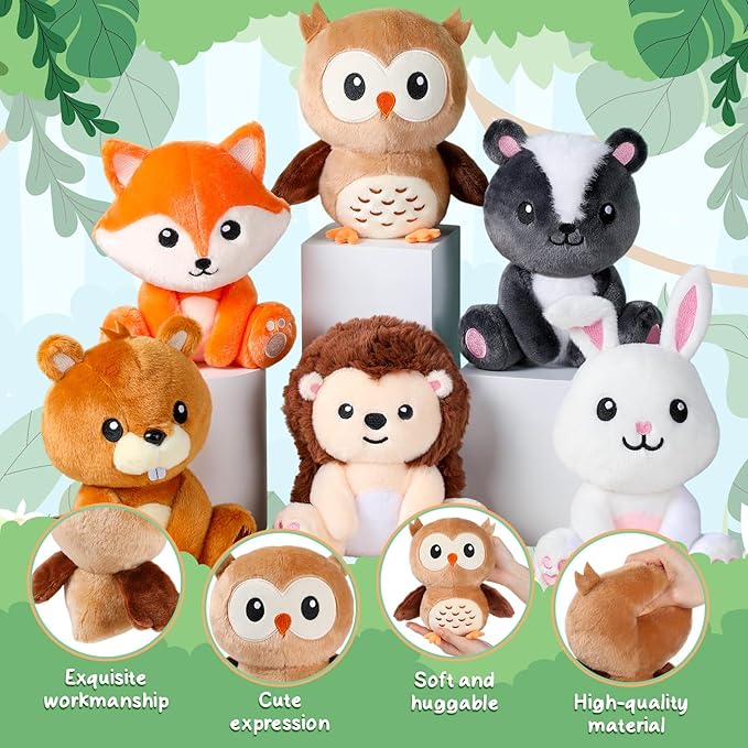 6 Pcs Safari Animals Toys 7 Inch Owl Rabbit Fox Beaver Hedgehog Skunk Large Stuffed Animals Bulk for Woodland Baby Showers Party Decor Birthday Gifts Classroom Teacher Student Awards