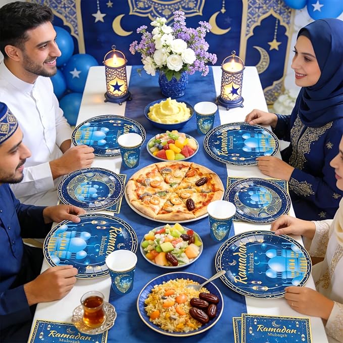 168Pcs Blue Eid Ramadan Decorations Mosque Lantern Moon Plates and Napkins Cups Forks Islamic Eid Mubarak Decor Tableware Sets for Islamic Muslim Ramadan Mubarak Muslim Home Party Supplies Serves 24