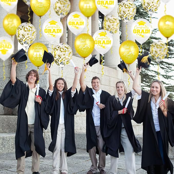 Whaline 60Pcs Graduation Party Balloon Set 7 Designs Confetti Latex Balloon with 2 Rolls Ribbon Class of 2025 Grad Cap Congrats Grad Balloon for Graduation Party Decoration Supplies (Yellow, White)