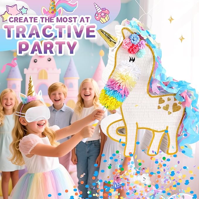 24" Large Rainbow Unicorn Pinata for Birthday Party, Large Magical White Unicorn Party Decorations with Gold Horn, Paper Mache Pinata for Candy Fillers, Pull String/Hit Game for Kids Girls Teens