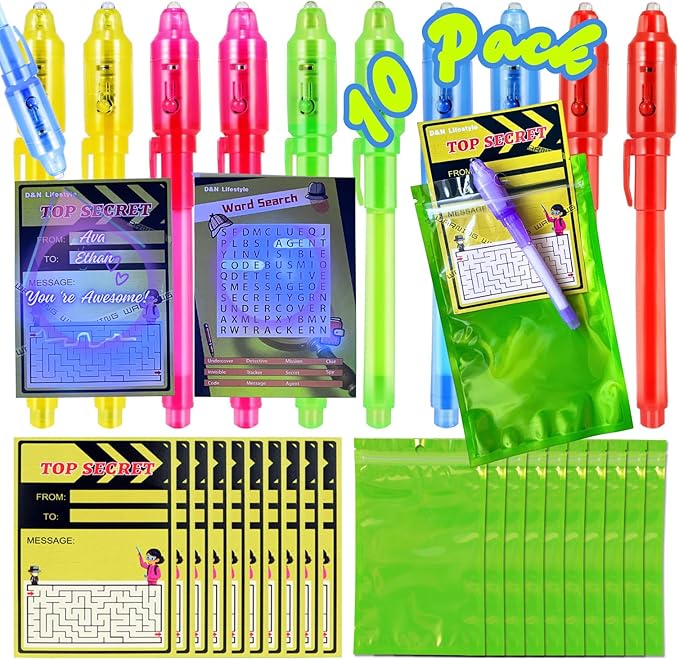 D&N Lifestyle Invisible Ink Pens for Kids, 10-Pack UV Blacklight Pens with Activity Cards & Gift Bags, Valentine’s Day Classroom Gifts & Party Favors