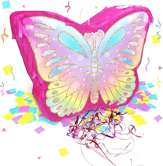 KiDEPOCH Butterfly Pinata for Birthday Party Supplies Colorful Pull String Butterfly Pinata for Girls Butterfly Themed Party Decoration, Small Pinata Party Supplies(16 x 12.6 x 4.2 In), Dark Pink