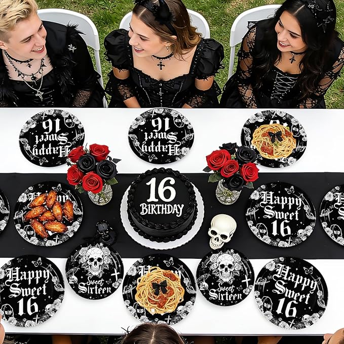 96Pcs Gothic Birthday 16th Party Decorations Goth Skeleton Plates and Napkins Tableware Sets Gothic Black White Skull Sweet Sixteen Decorations for 16 Years Old Birthday Party Supplies Serve 24