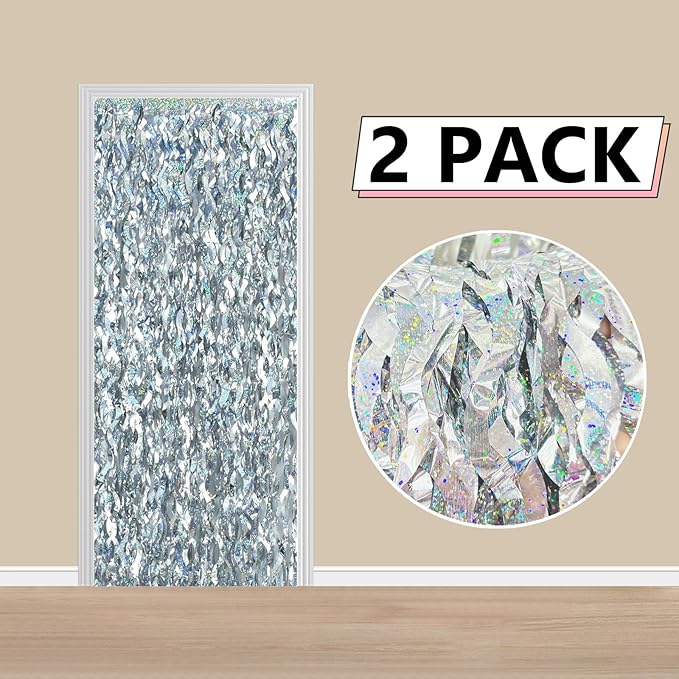 2 Pack Silver Wavy Foil Fringe Curtains, 3.3x6.6 Ft Metallic Tinsel Wavy Backdrop Party Decorations Door Silver Streamers for Birthday Wedding Engagement Decor,Party Supplies