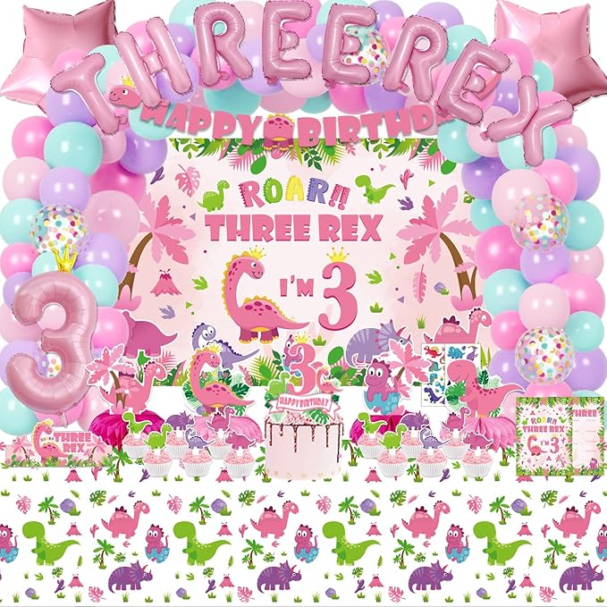 Pink Dinosaur Birthday Decorations for 3 Year Old Girls, 134 Pcs Three Dino Rex Girl Dinosaur Party Supplies for Girl - Backdrop, Toppers, Tablecloth, Centerpieces, Banner, Crown, Poster