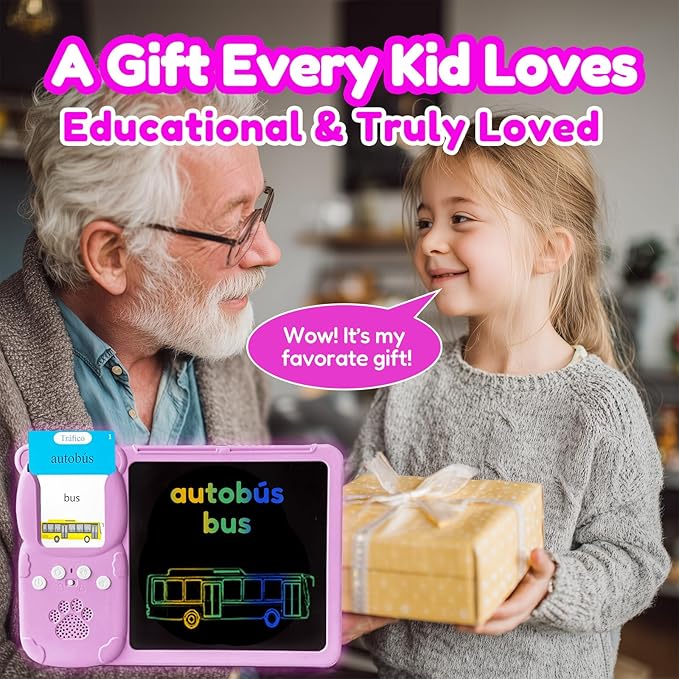 Drawing Tablet with Bilingual Flashcards for Kids - Spanish English Talking Flash Cards, LCD Writing Pad Board, Pocket Speech for Toddlers, Learning Toy Gift for Boys Girls (Spanish, Pink)