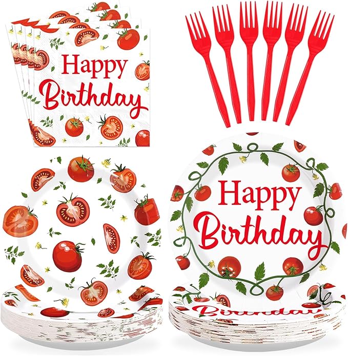 96Pcs Funny Tomato Birthday Party Decorations Red and Green Fresh Plates and Napkins Tomato Decor Tableware Favors for Baby Shower Boys Girls Happy Birthday Party Supplies Serves 24