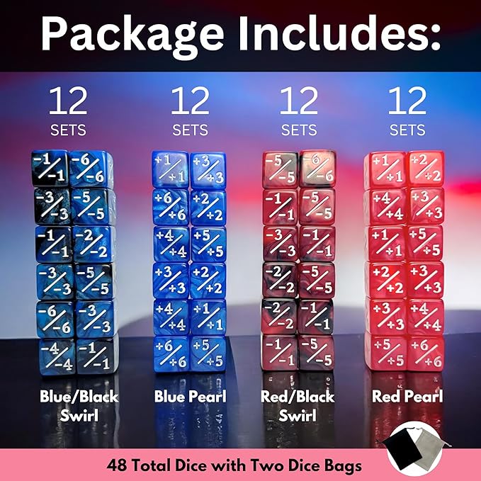 Luck Lab MTG Magic Life Counter Dice, 48 PCS - Compatible w/Magic Card Game Accessories, CCG Creature Stats w/ 2 Dice Bags (Blue Pearl, Blue Swirl, Red Pearl, Red Swirl)