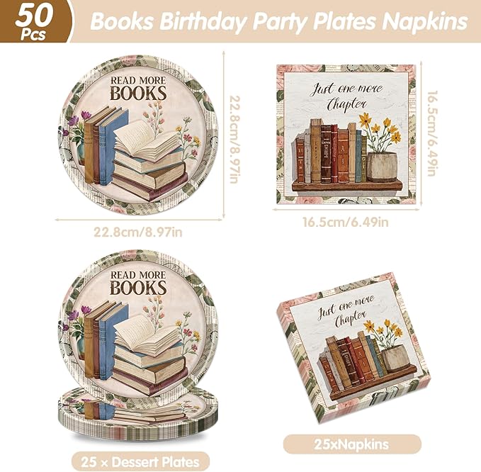 Rakuto Book Themed Party Decorations - 50 Pcs Read More Books Birthday Party Plates Napkins Decorations, Disposable Book Club Tableware Set for Library Reading Baby Shower Supplies Serves 25