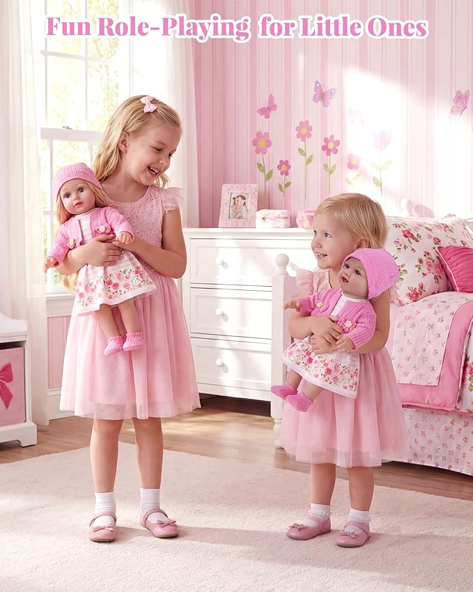 BABESIDE 4 Pcs Baby Doll Clothes and Accessories for 12-16 Inch Dolls, Pink Doll's Clothes and Floral Skirt with Hat for Dolls Accessories