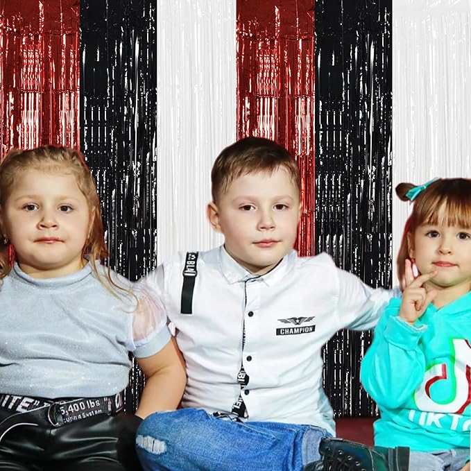 TONIFUL Black Red White Door Streamers,Black Red and White Photo Booth Backdrop Metallic Streamers Foil Fringe Curtain for Birthday,New Year,Graduation,Grad,Baby Shower Party Streamers Decoration