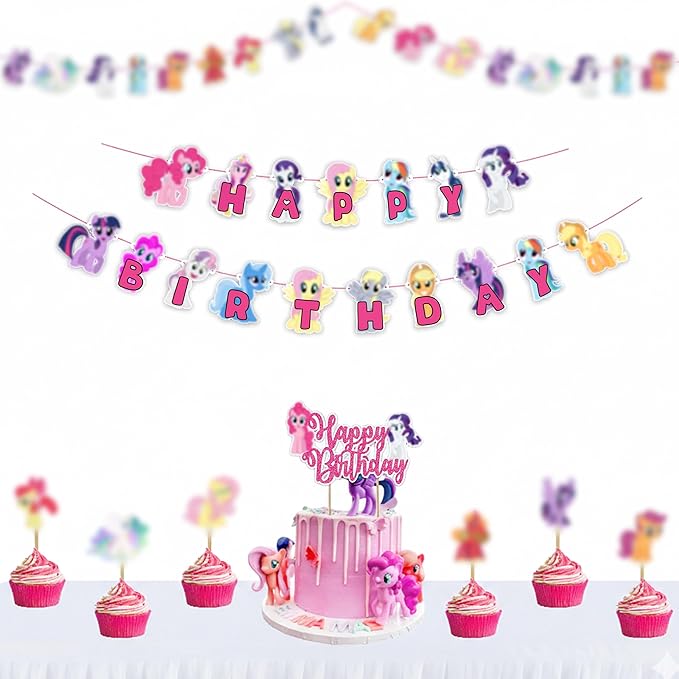 Magical Pony Theme Birthday Party Supplies – Pny Birthday Decorations Set for Girls – Includes Happy Birthday Banner, Cake Topper, Cupcake Toppers, Party Favors – Décor Kit