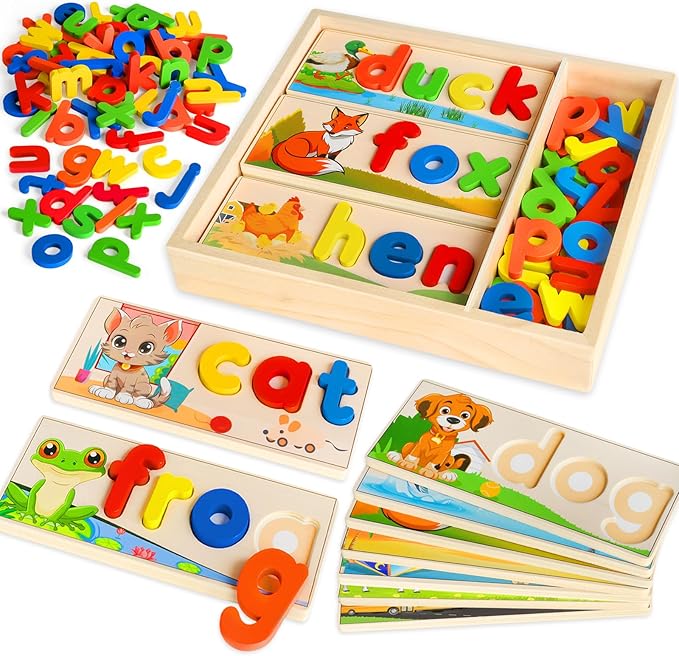 Wooden See & Spell Learning Toys for 2 3 4 5 Year Old Kids, Preschool Learning Activities Alphabet Flash Cards, Educational Match Letter Game Board, CVC Word Builder Montessori Toys Gifts for Boy Girl