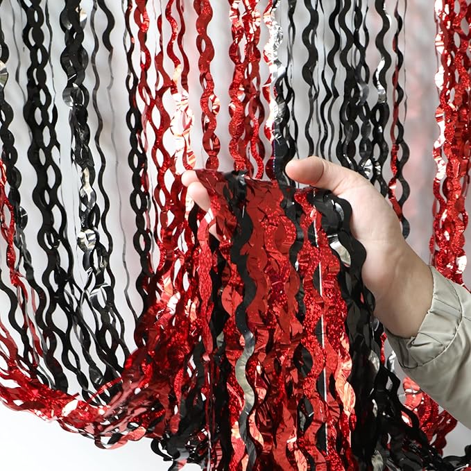 4 Pack Sparkle Red and Black Fringe Curtain - 3.3x6.6 Feet Tinsel Streamer for Birthday Decorations | Halloween Decorations | Casino Theme Party Decorations | Red Carpet