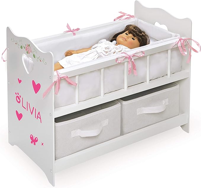 Badger Basket Wooden Doll Bed with Bed Liner, Pillows and Two Storage Baskets - Fits 18" Dolls - Ideal for Pretend Play and Baby Doll Fun - White/Rose Design with Free Personalization Kit