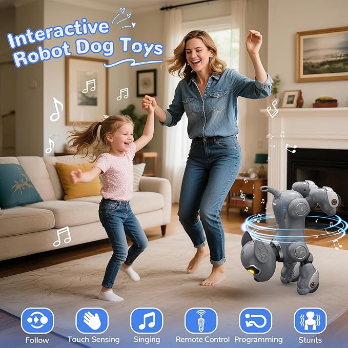 anysun Remote Control Robot Dog for Kids, Programmable Smart Puppy Intelligent Learning Dancing Walking RC Robot Toys for Girls and Boys (Gray)
