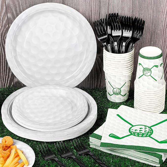 Durony 144 Pieces Golf Party Supplies - Paper Plates and Napkins Dinnerware Set for 24 Guests - Birthday Tableware Includes Plates, Napkins, Forks for Sports Themed Celebrations