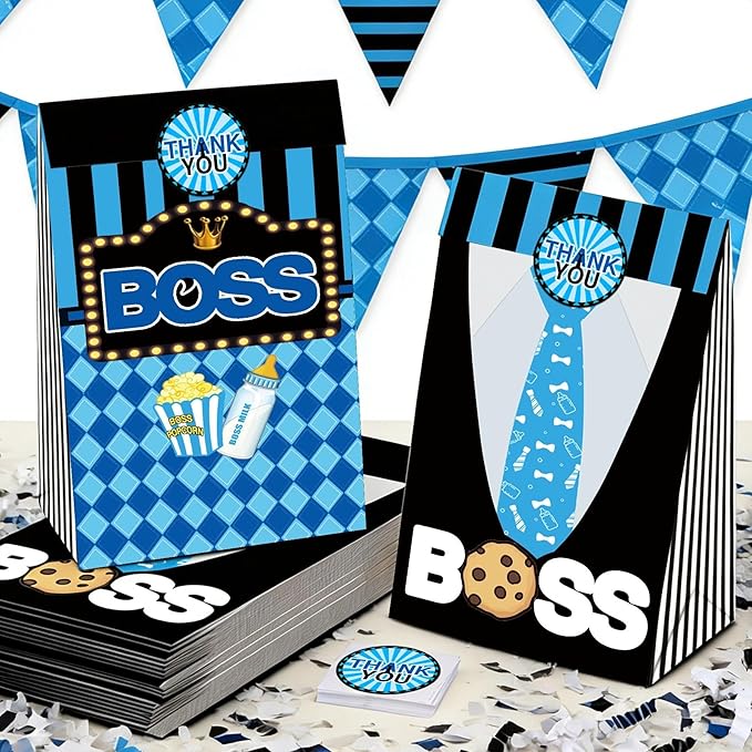 BOSS Party Favor Gift Bags 24 PCS with 30 Stickers for Blue Black Boy Birthday Baby Shower Goodie Candy Treat Bags Party Decoration Supplies