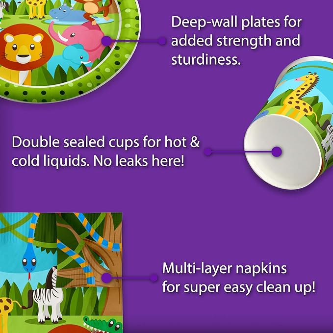 Safari Jungle Theme Birthday Party Decorations Tableware Set - Wild Animal Birthday Party Supplies Includes Plates, Napkins, and Cups | Kit for 16