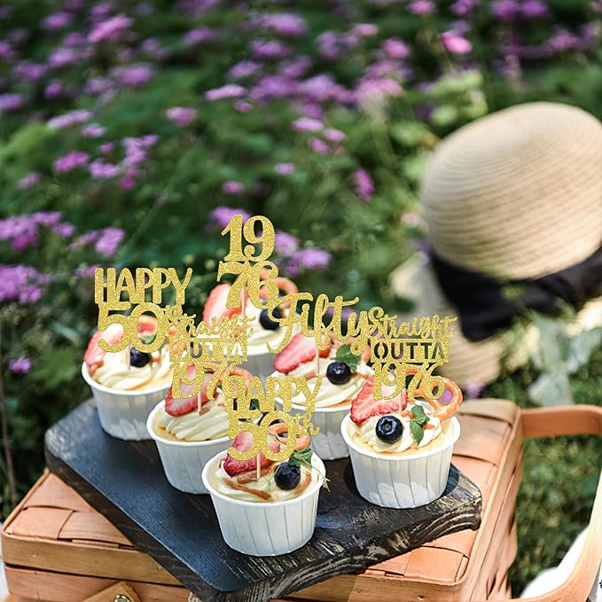 30PCS Happy 50th Birthday Cupcake Toppers Gold Glitter Fifty Straight Outta 1976 Cupcake Picks Cheers to 50 Years Cake Decorations for 50th Birthday Anniversary Party Decoration Supplies