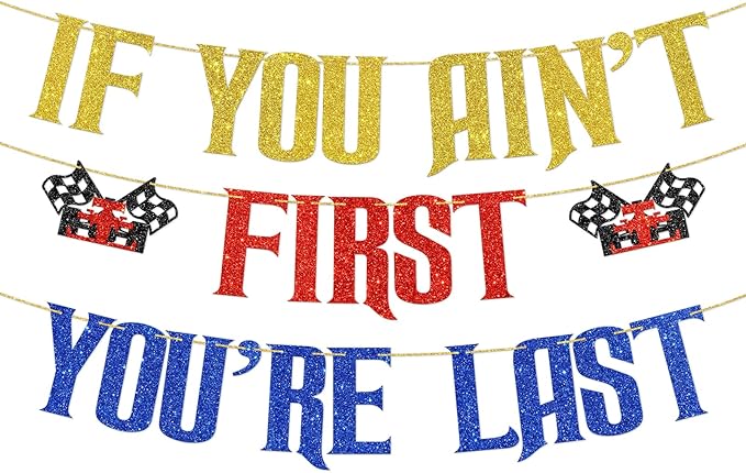 DUOMIMI If You Ain't First You're Last Banner Racing Theme Birthday Party Decorations for 1st Birthday Boy Checkered Flag Design Talladega Nights Party Supplies for Race Car Celebration Gold Red Blue Glitter