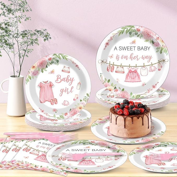 96Pcs Floral Baby Girl Baby Shower Plates and Napkins Decoration Pink Girl Party Tableware Dinnerware Set Rose Gold Paper Plates for Babies Girls Gender Reveal Party Supplies Serves 24 Guests