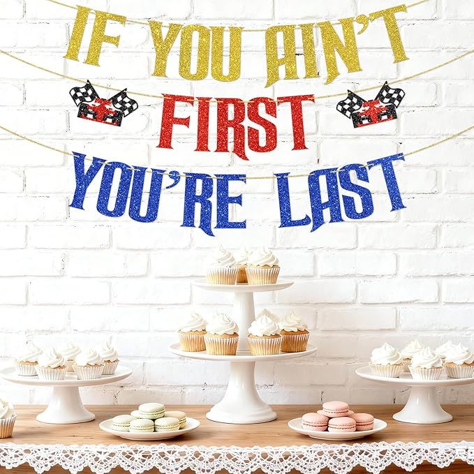 DUOMIMI If You Ain't First You're Last Banner Racing Theme Birthday Party Decorations for 1st Birthday Boy Checkered Flag Design Talladega Nights Party Supplies for Race Car Celebration Gold Red Blue Glitter